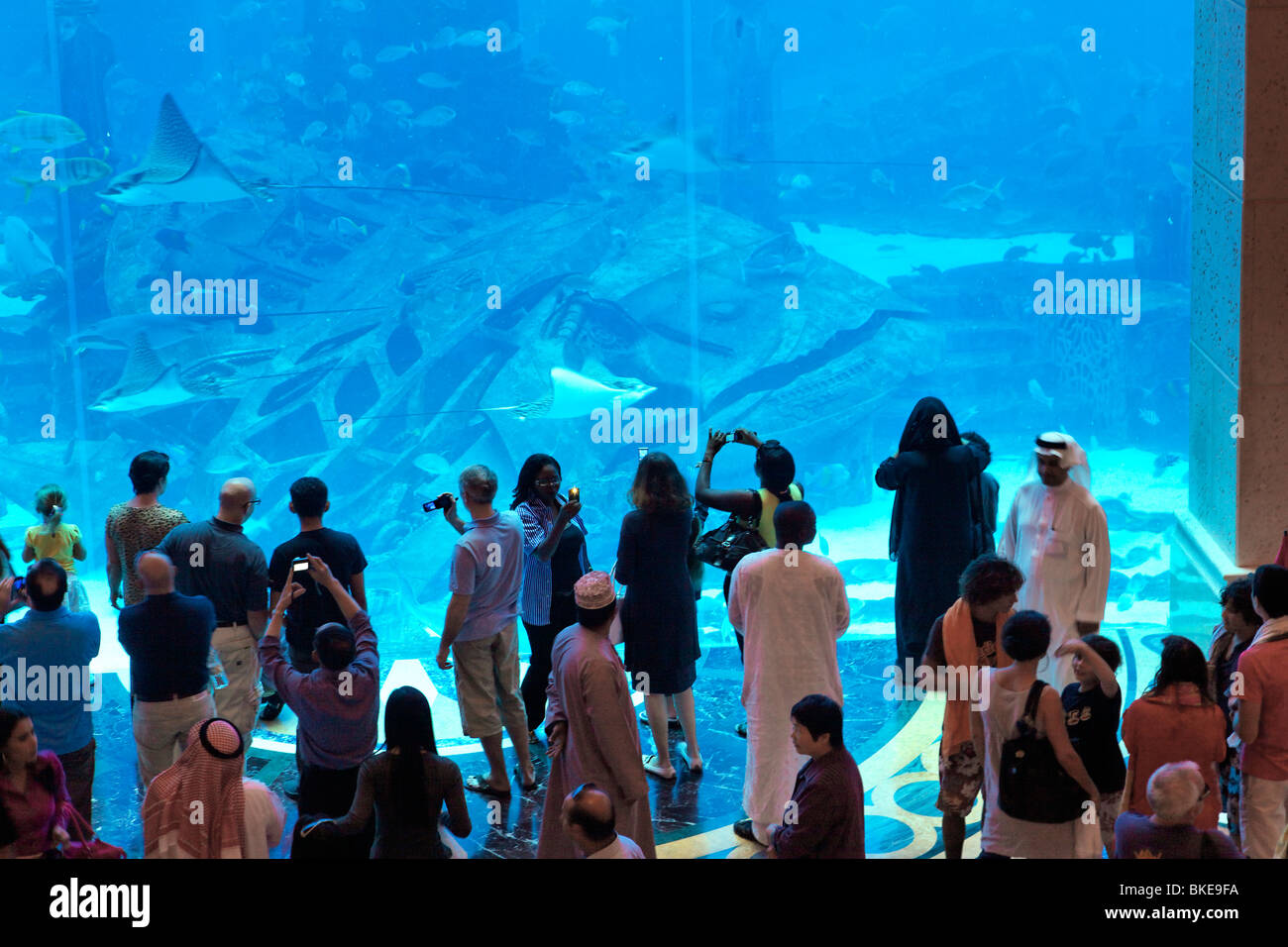 Atlantis Hotel, The Palm Jumeirah, Visitors watching the Aquarium, Manta stingray, whale, Stock Photo