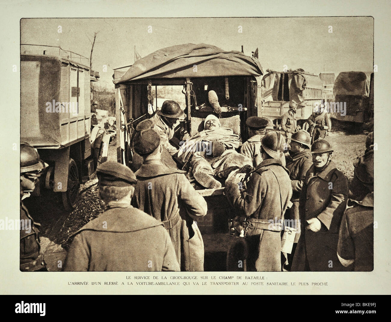 WW1 transport by ambulance of wounded soldier by the Belgian Red Cross in West Flanders during the First World War One, Belgium Stock Photo
