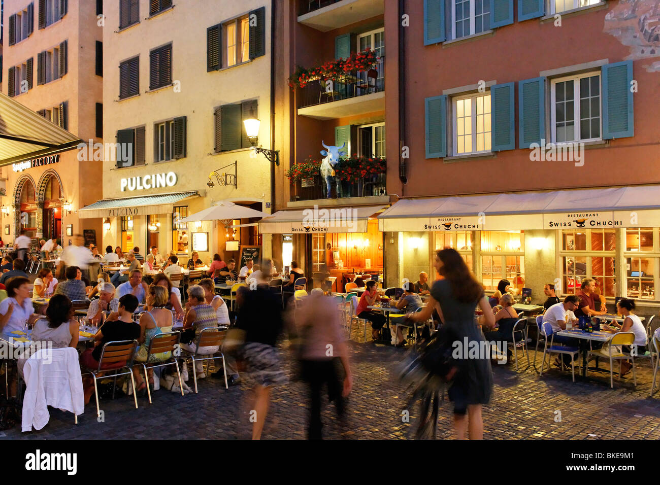 Switzerland, Zurich, Niederdorf, people, restaurants in summer, outdoor Stock Photo