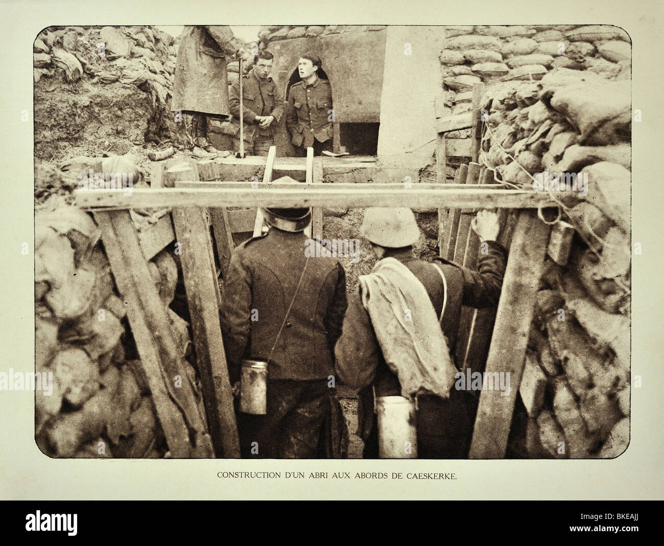 WWI Belgian soldiers in trench supported with A-frames at Kaaskerke in West Flanders during the First World War One, Belgium Stock Photo