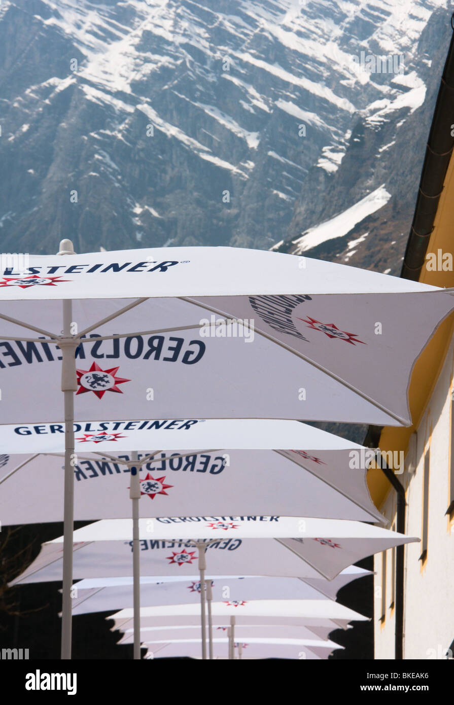 Beer garden umbrella at Konigsee (King's lake) in Bavarian Alps Stock Photo