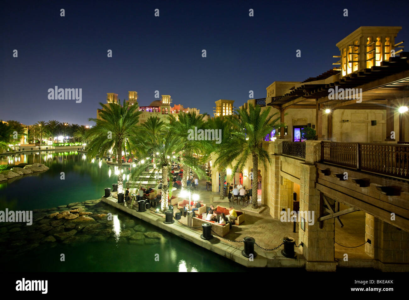 Medinat Jumeirah in the evening, canal, illumination, bars, restaurants, Dubai, United Arab Emirates Stock Photo