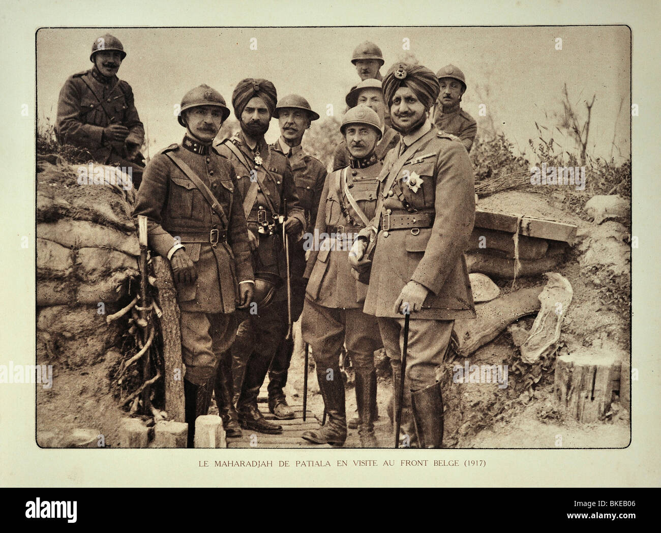 The maharaja / maharajah of Patiala, India visiting trench with officers in west Flanders during First World War One, Belgium Stock Photo