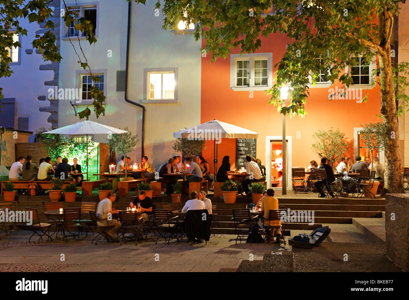 Restaurants and street cafes in Rosenhof in summer , Niederdorf, Zurich, Switzerland, Stock Photo