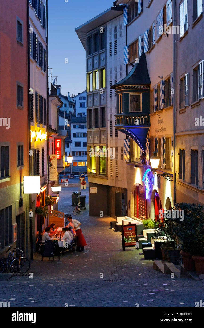 street cafes outdoor in Niederdorf, people, restaurants in summer, Switzerland, Zurich, Stock Photo