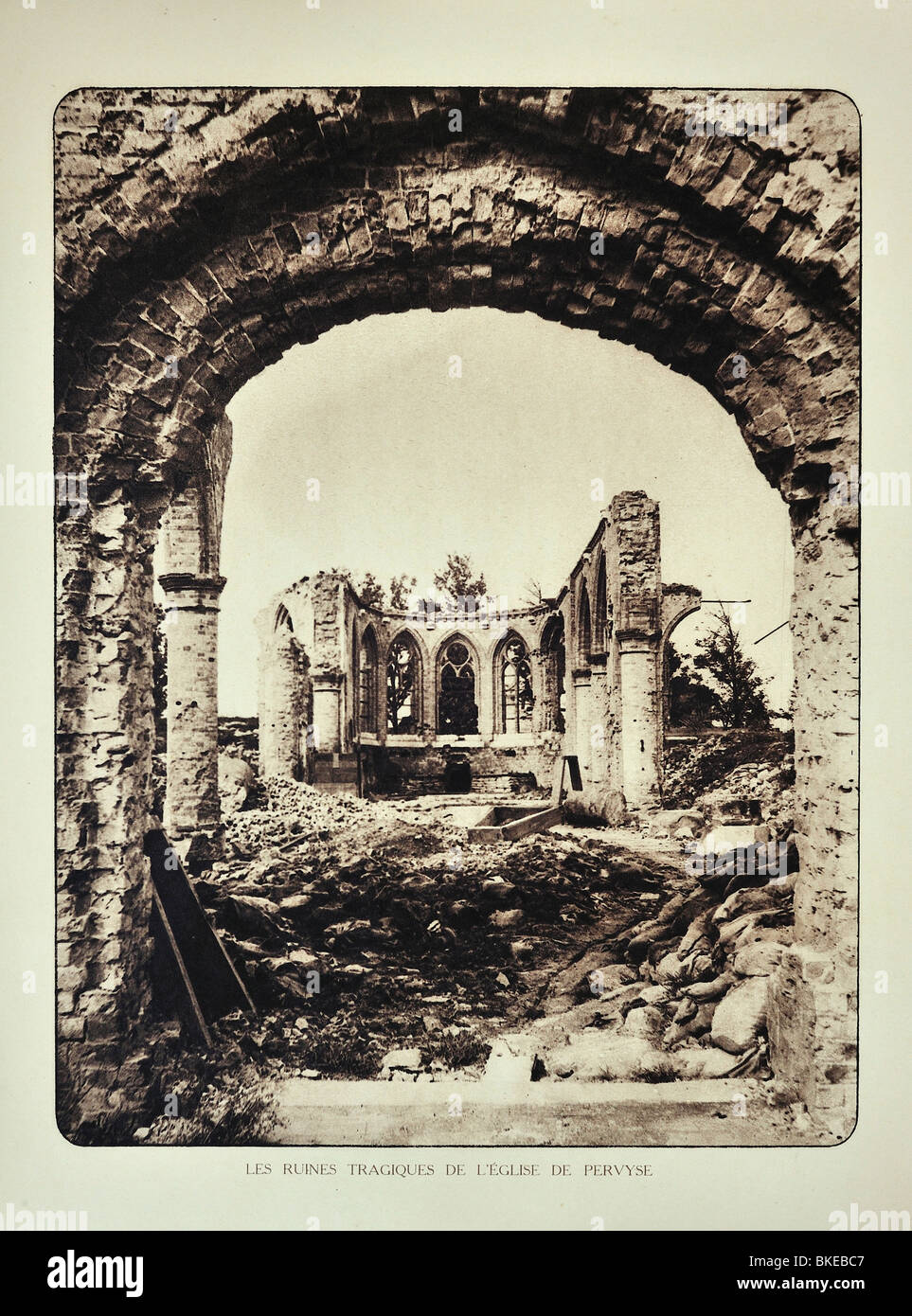Ruined church at Pervijze after WWI bombardment in West Flanders during the First World War One, Belgium Stock Photo