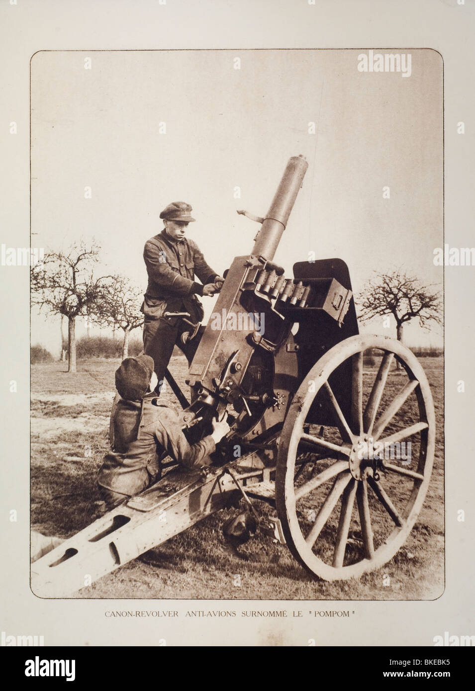 WW1 artillery soldiers shooting at airplanes with anti-aircraft gun in West Flanders during First World War One, Belgium Stock Photo