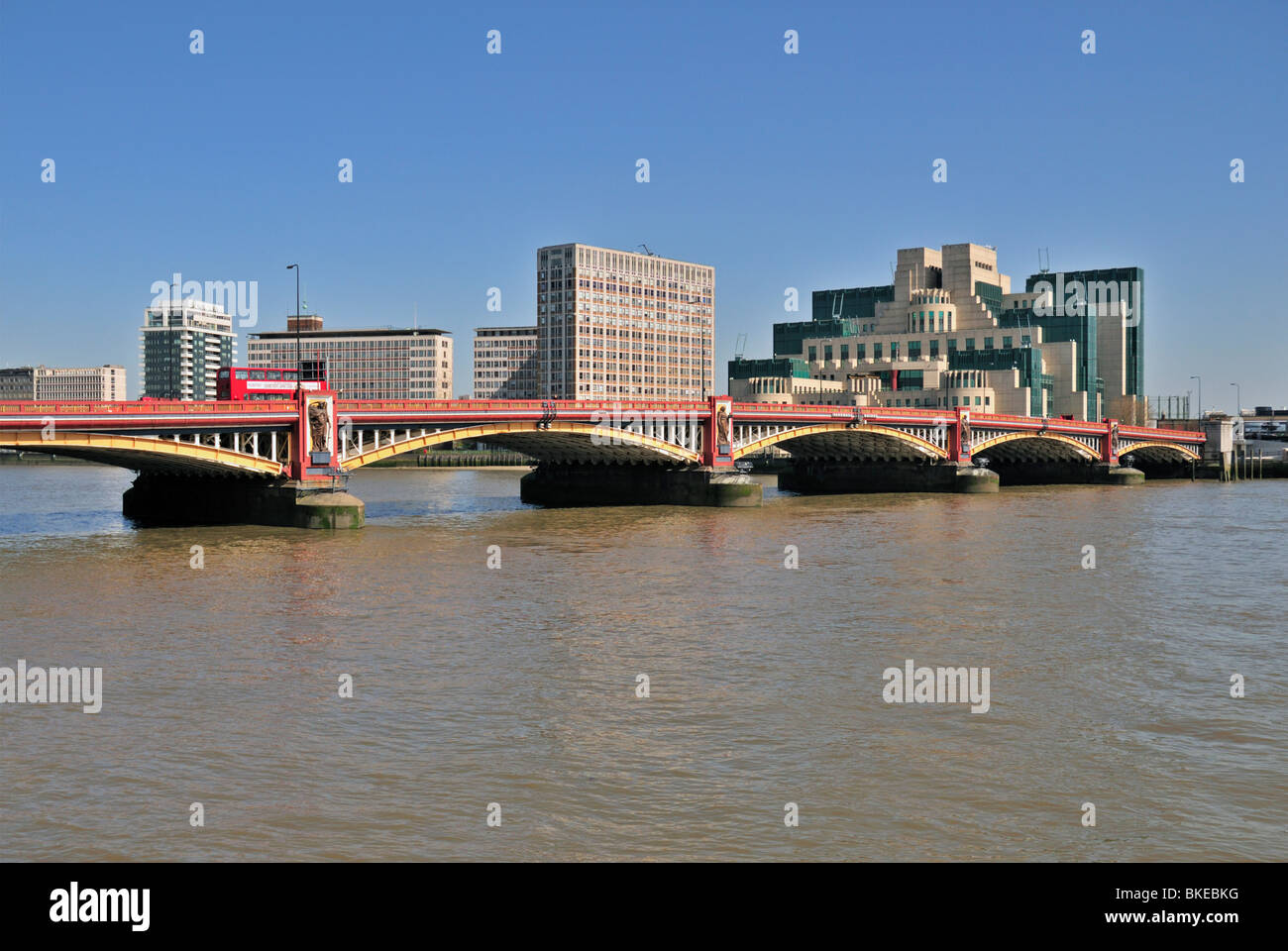 MI6 Building and Vauxhall Bridge, Vauxhall Cross, London, United Kingdom Stock Photo
