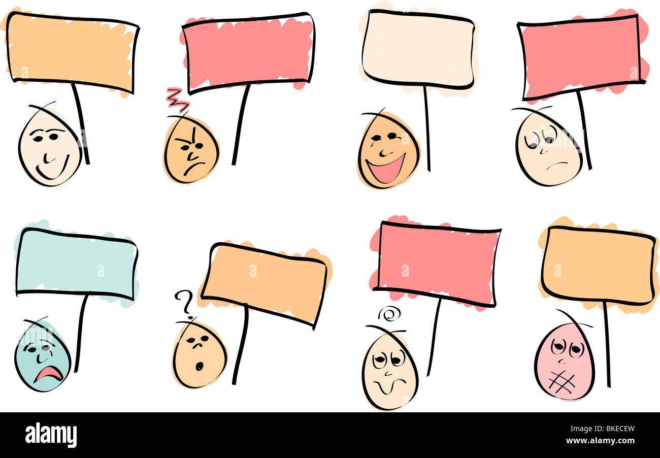 8 doodle vector faces with different expressions and sign boards Stock ...