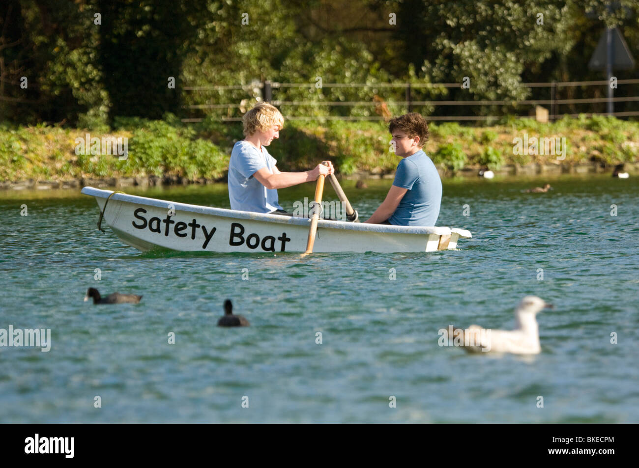 Teenagers rowing in a Safety Boat Arundel UK Stock Photo Alamy