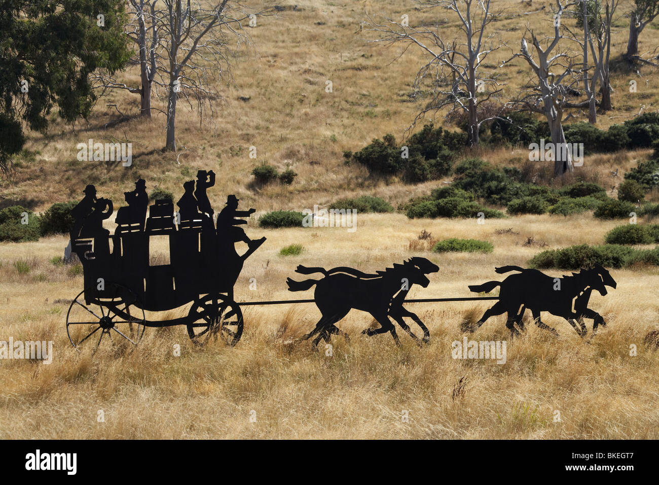 Coach and Horses Silhouette Sculpture, Heritage Highway, Midlands, Central Tasmania, Australia Stock Photo