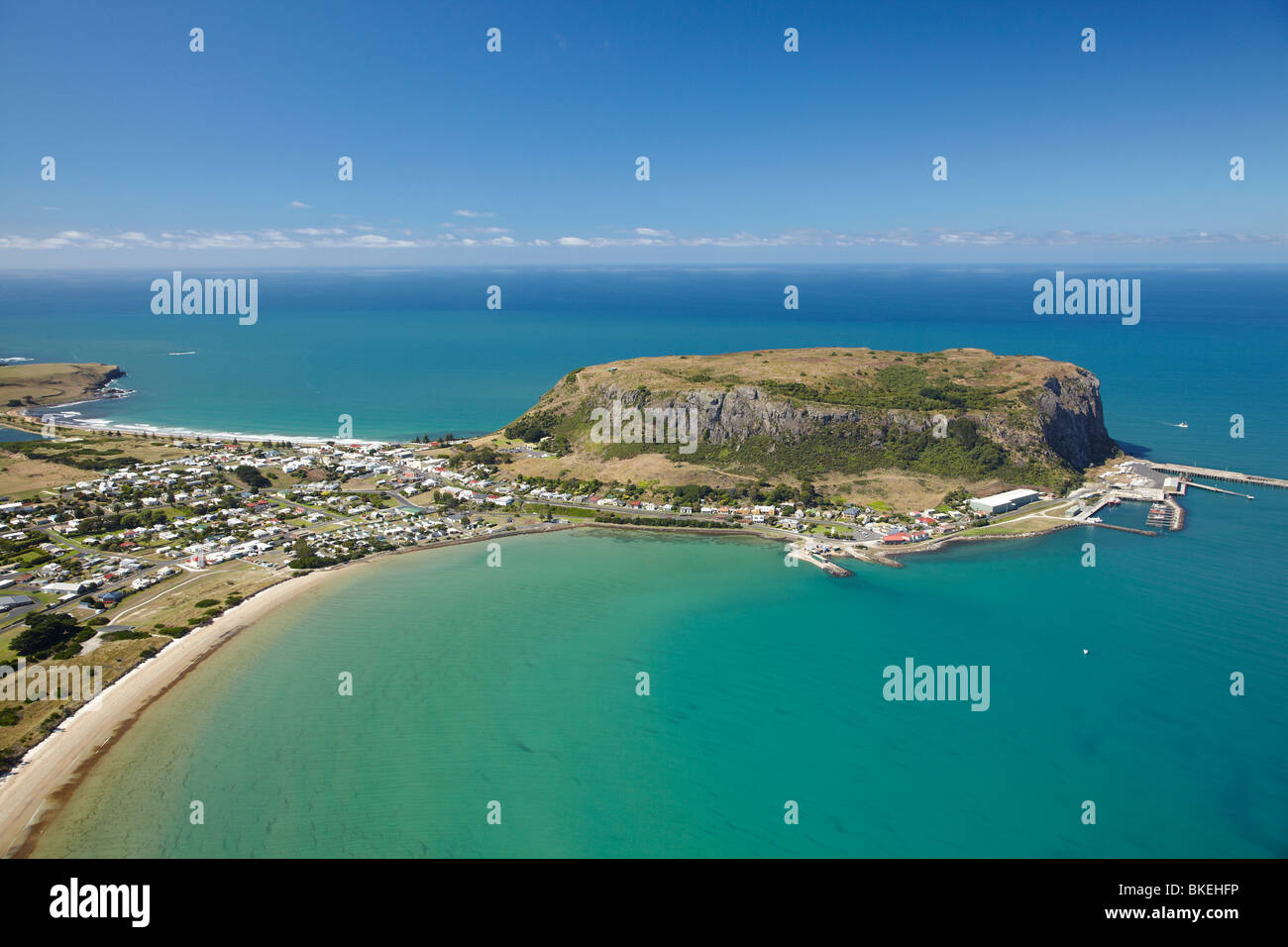 Stanley and 'The Nut' (Circular Head), and Tallows Beach, Sawyer Bay, Northwest Tasmania, Australia - aerial Stock Photo