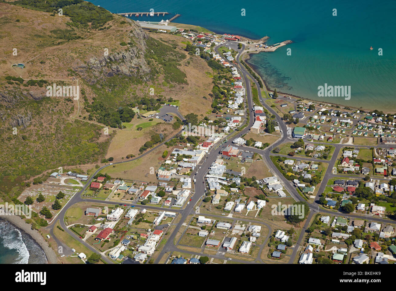 Stanley and 'The Nut' (Circular Head), and Sawyer Bay, Northwest Tasmania, Australia - aerial Stock Photo