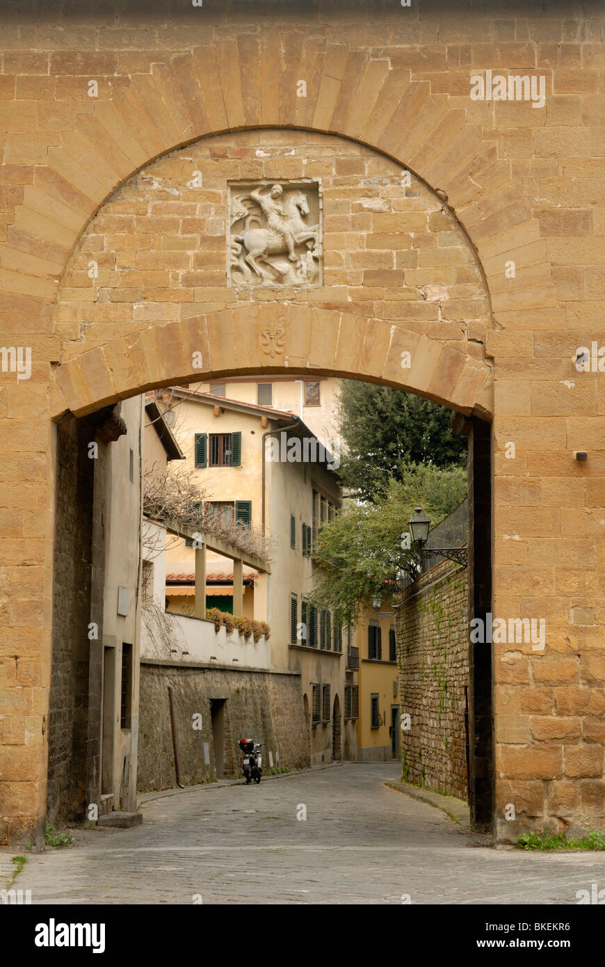 Porta San Giorgio, St, George's Gate, built in 1260, is the oldest surviving gate in Florence. On the facade of the gate is a .. Stock Photo
