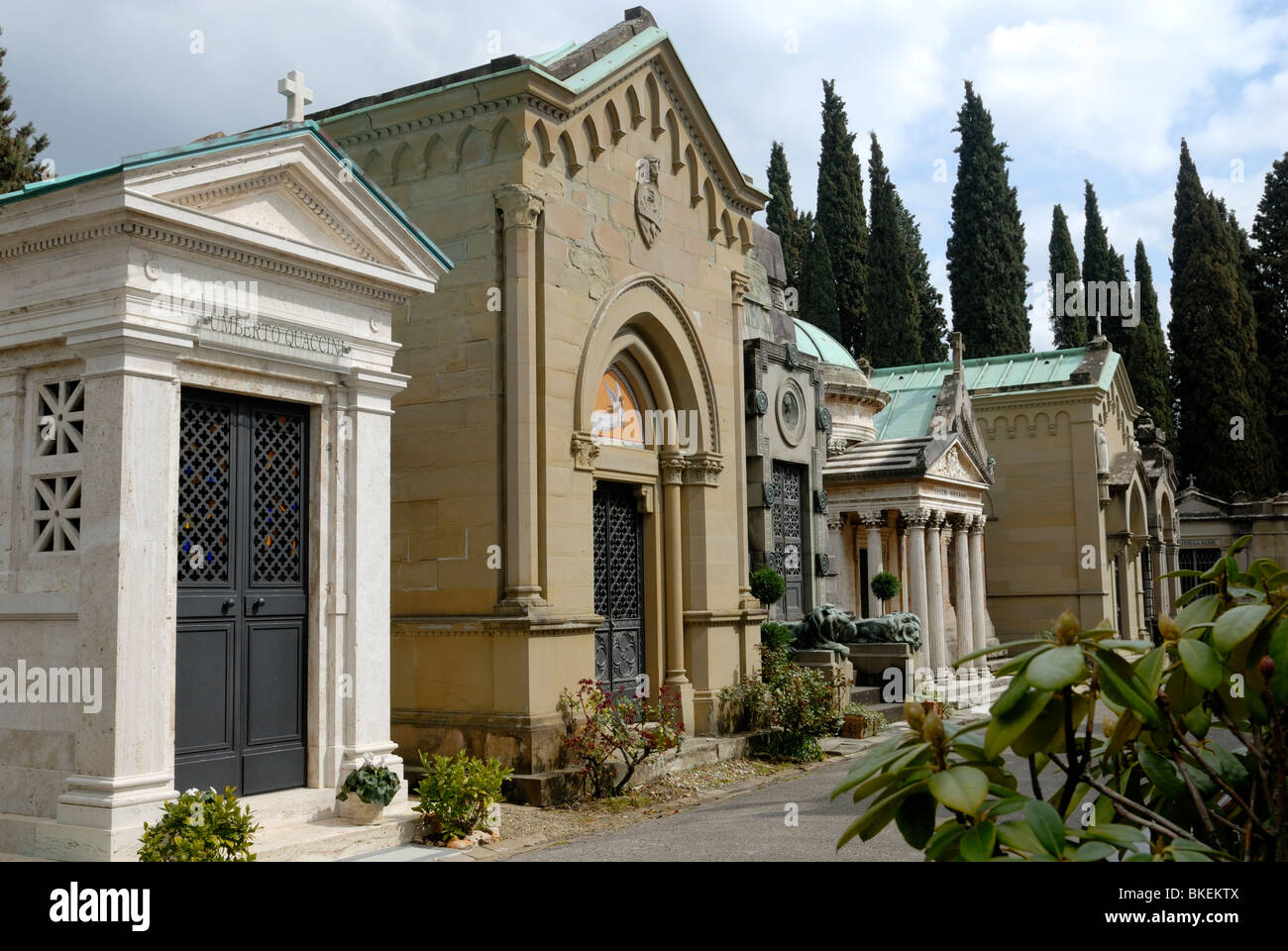 The cemetery surrounding the Basilica of San Miniato al Monte opened 1854. The cemetery contains family tombs, the size of .... Stock Photo