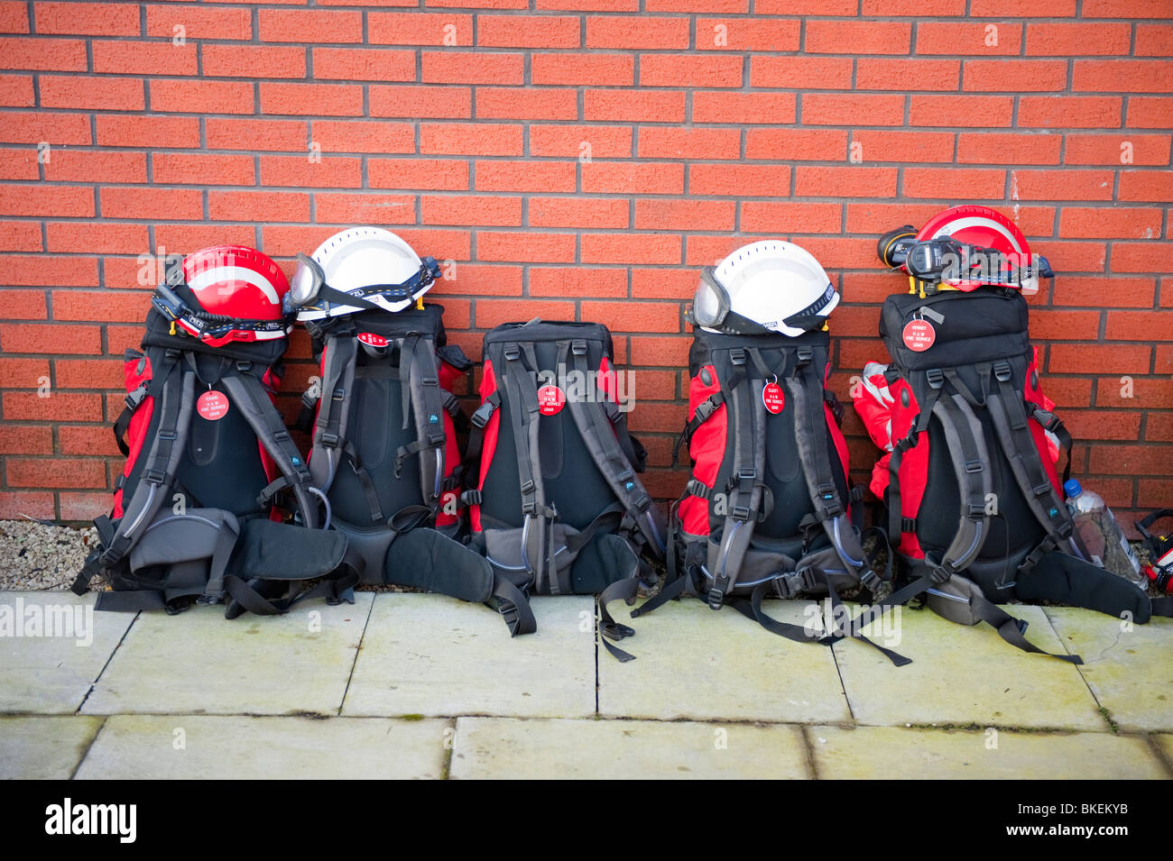 Search and rescue team backpacks Stock Photo