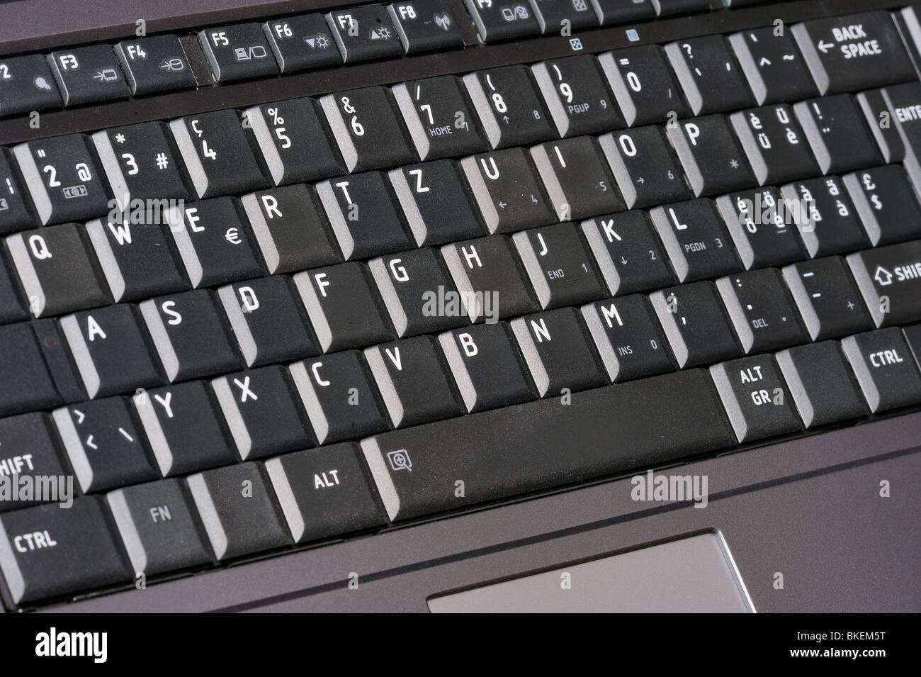 Close up view of a French computer keeyboard (QWERTZ) with accented