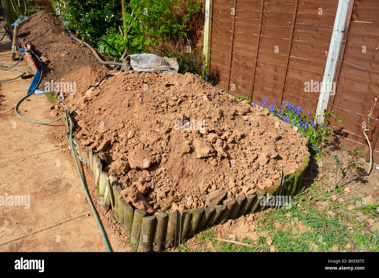 Soil in garden held in place by wooden barrier awaiting removal Stock Photo