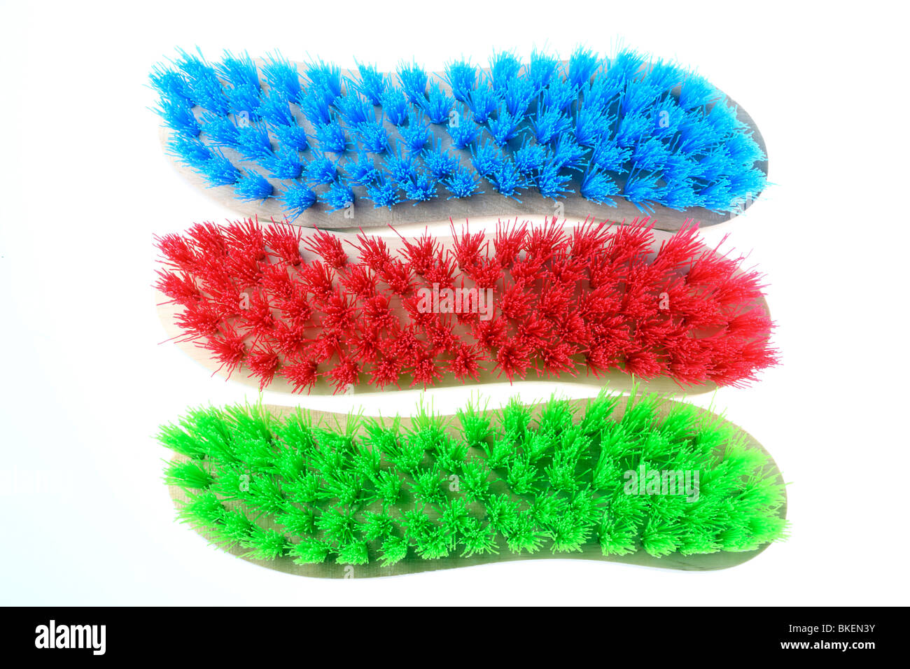 colorful scrubbing brushes, wooden, plastic hairs, Germany. Europe