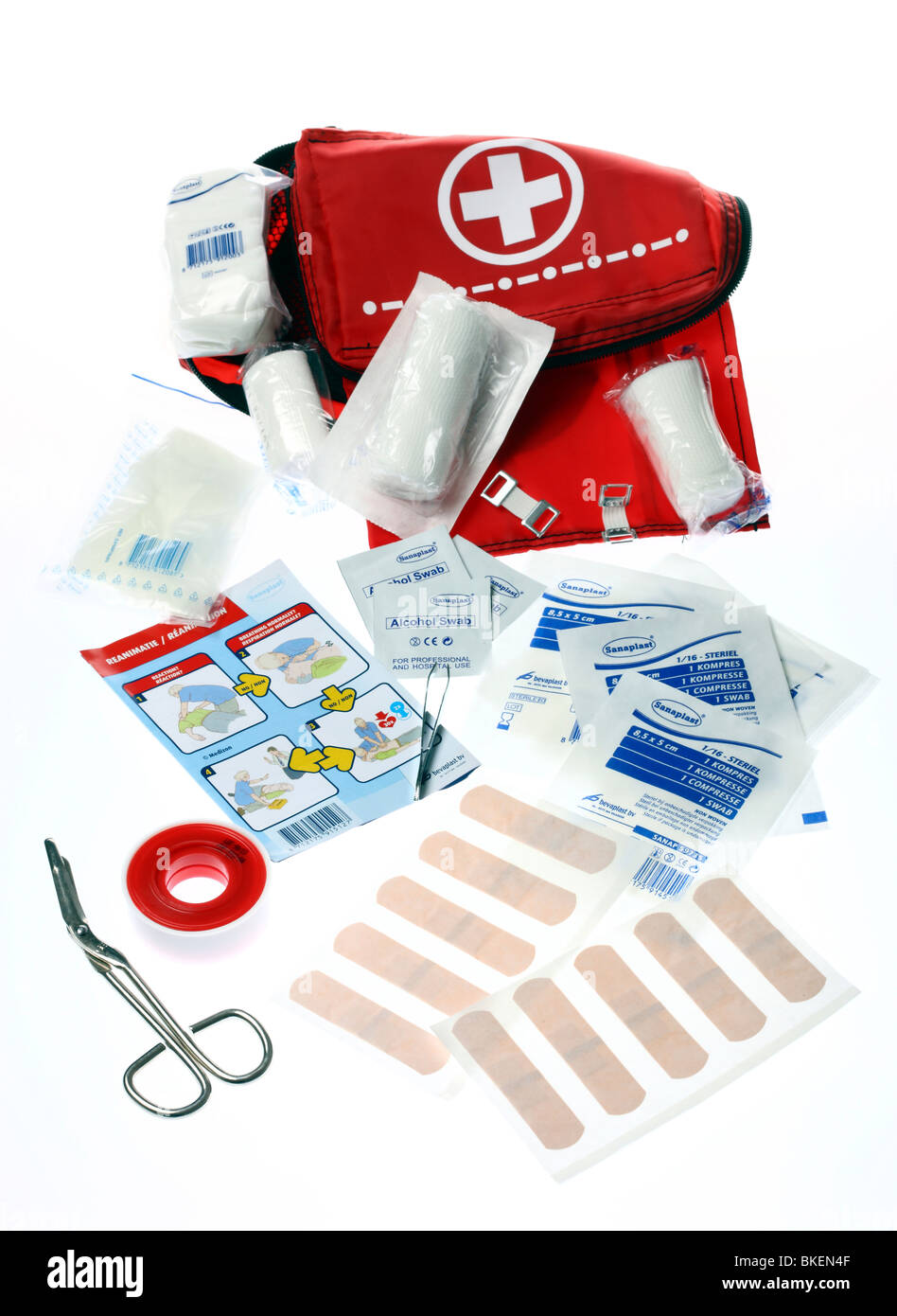 First aid box, for traveling. Medical help for outdoors. Stock Photo