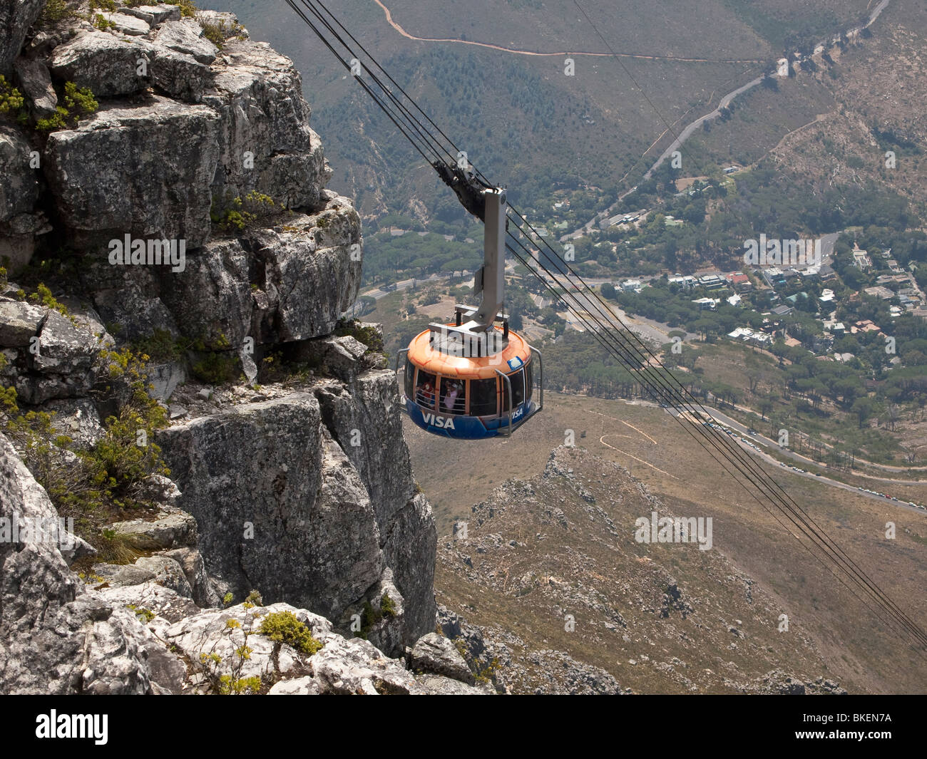 View of Cable Car from summit of Table Mountain Cape Town South Africa