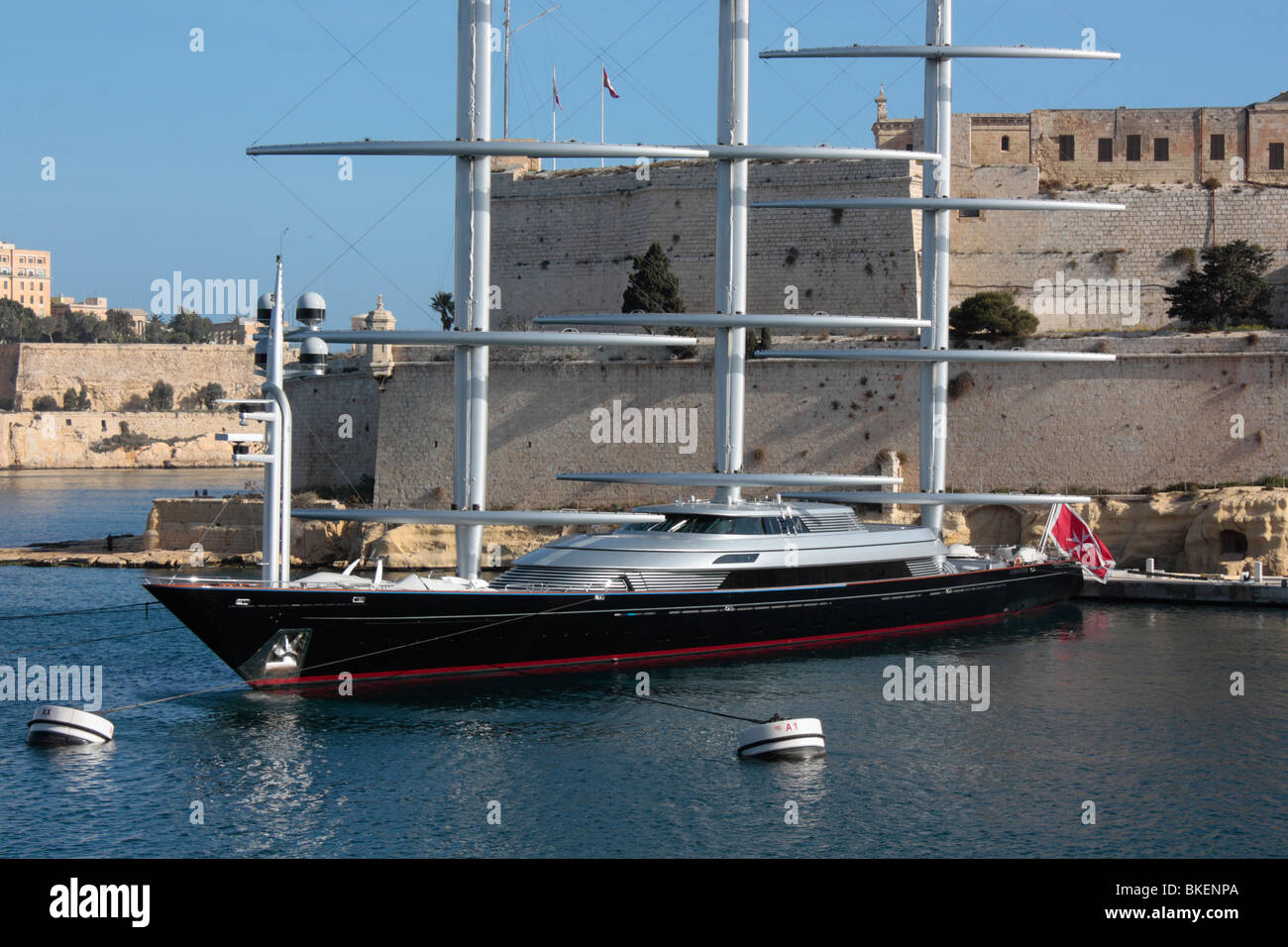 The Perini Navi superyacht Maltese Falcon moored beneath Fort St Angelo in Malta Stock Photo