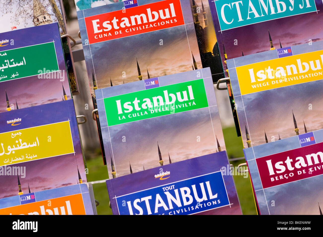 Guide books for sale at a tourist shop in Instanbul, Turkey Stock Photo