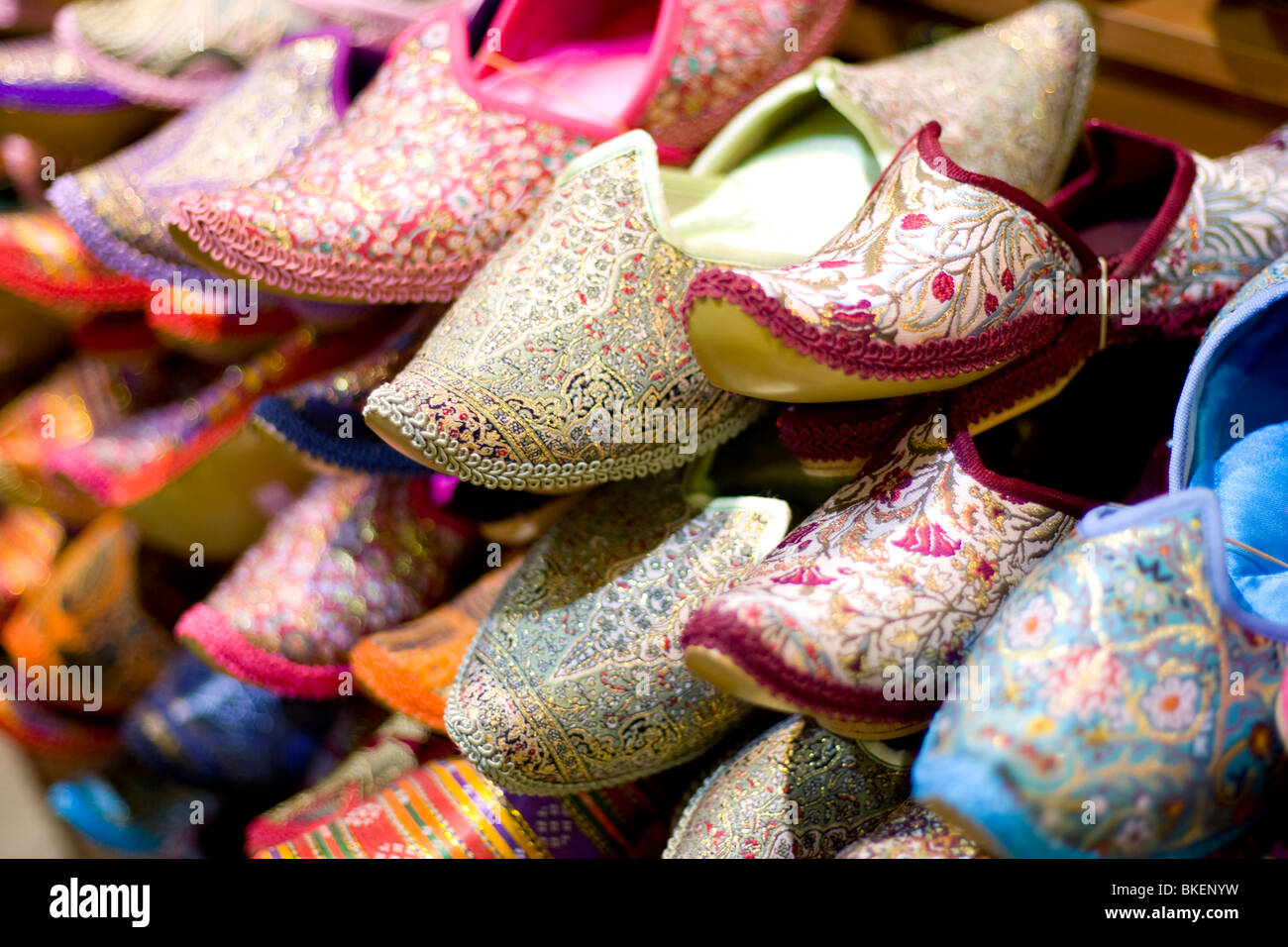 Slippers for sale at the Egytian Bazaar in Istanbul, Turkey. Stock Photo