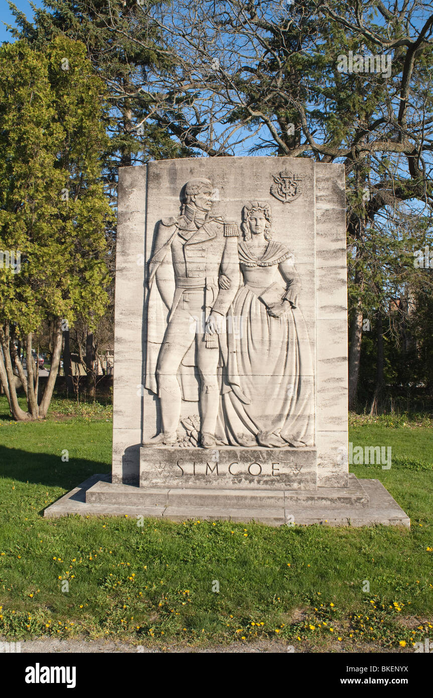 Carving of John Graves Simcoe first Lieutenant Governor of Upper Canada with his wife Elizabeth Posthuma Gwillim at his side. Stock Photo