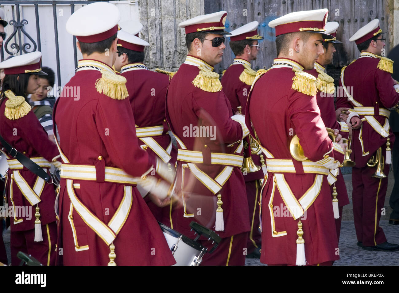 Band playing to lead the march of a religious procession in Arcos de la Frontera at Easter time. Stock Photo