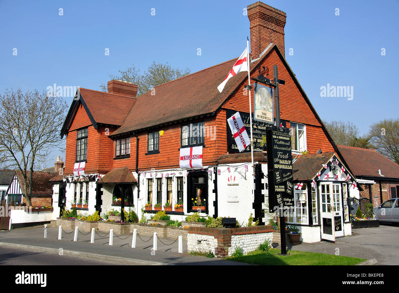 The Windmill Inn with bunting, Mill Lane, Rustington, Littlehampton