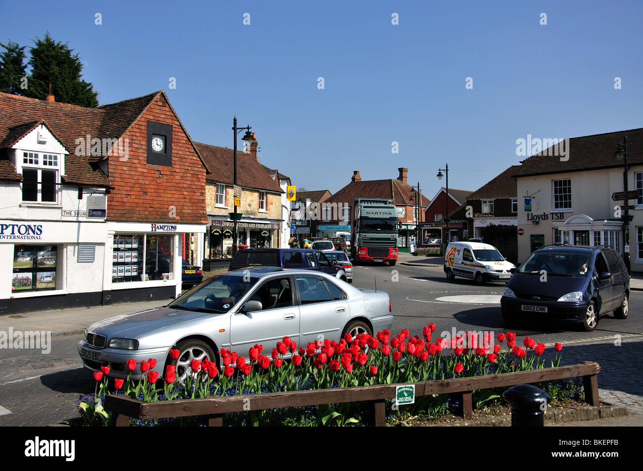 Heavy traffic in village, The Square, Liphook, Hampshire, England