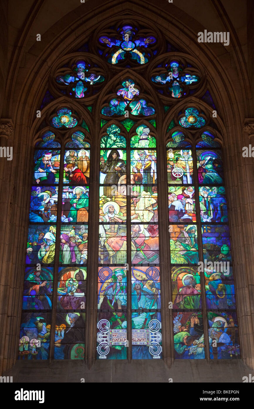 window of Alfons Mucha, Saint Vitus's Cathedral, Prague castle, Prague, Czech Republic Stock Photo