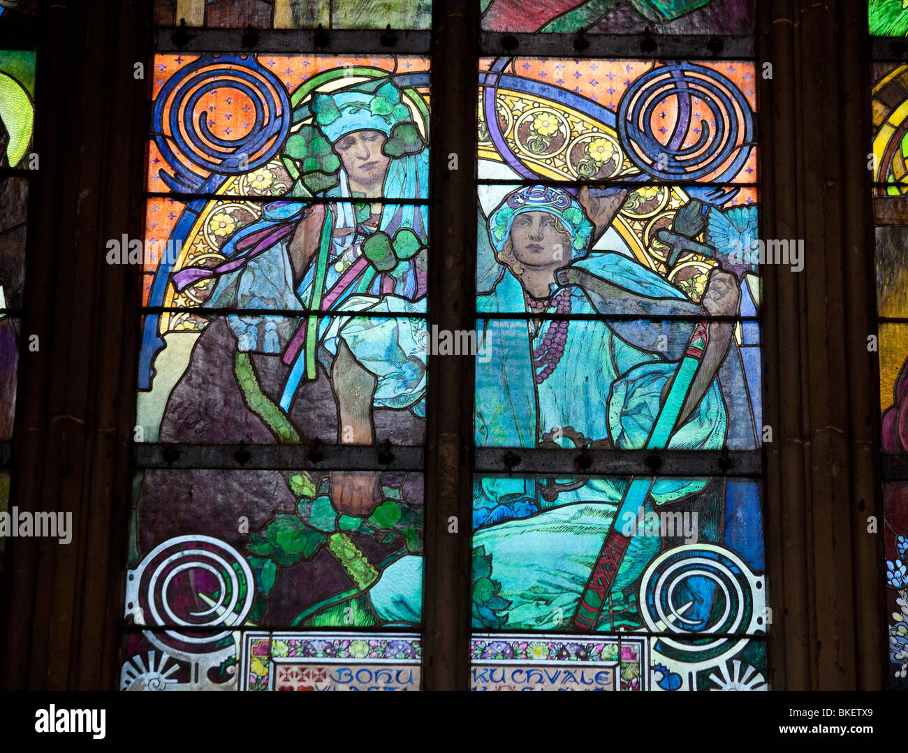 detail of window of Alfons Mucha showing Sts Cyril and Methodius, Saint Vitus's Cathedral, Prague castle, Prague, Czech Republic Stock Photo