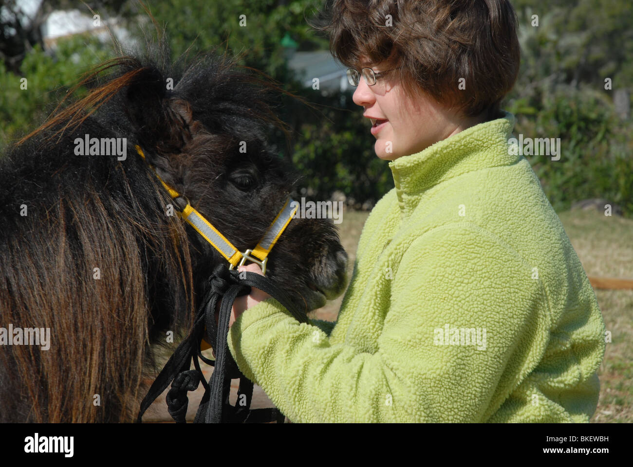 Girl, aged 11, in the garden with her pet Falabella miniature horse. Stock Photo