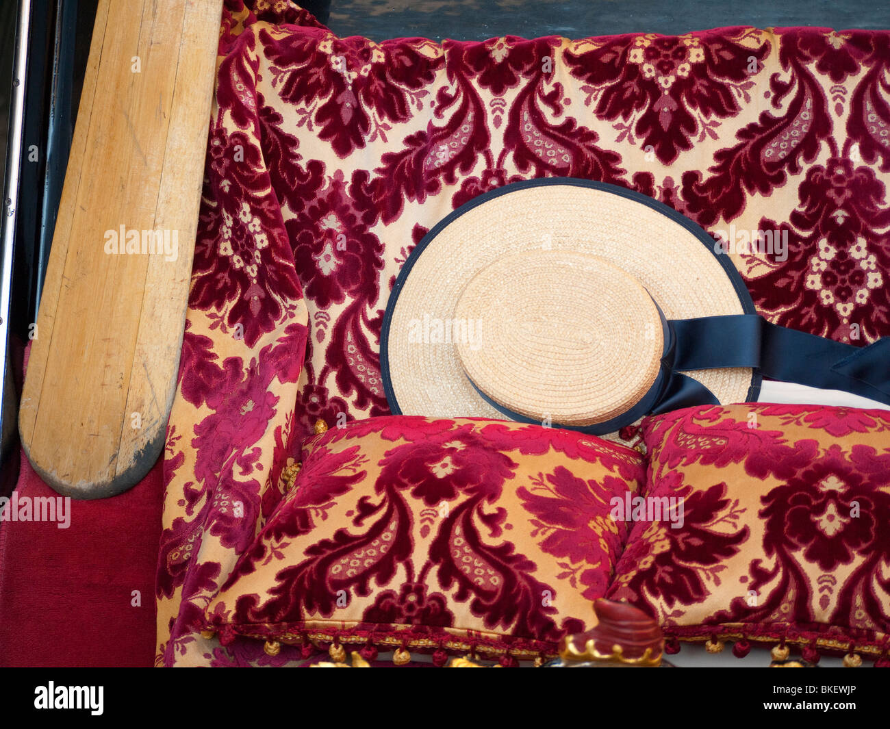 Detail of traditional Gondolier's straw hat in Gondola in Venice Italy