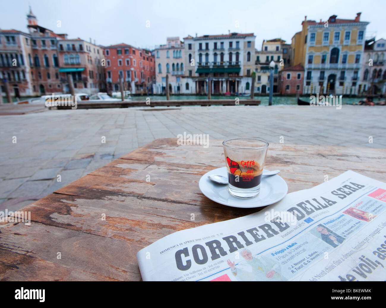 Detail of Italian newspaper and coffee at typical cafe in Venice Italy Stock Photo