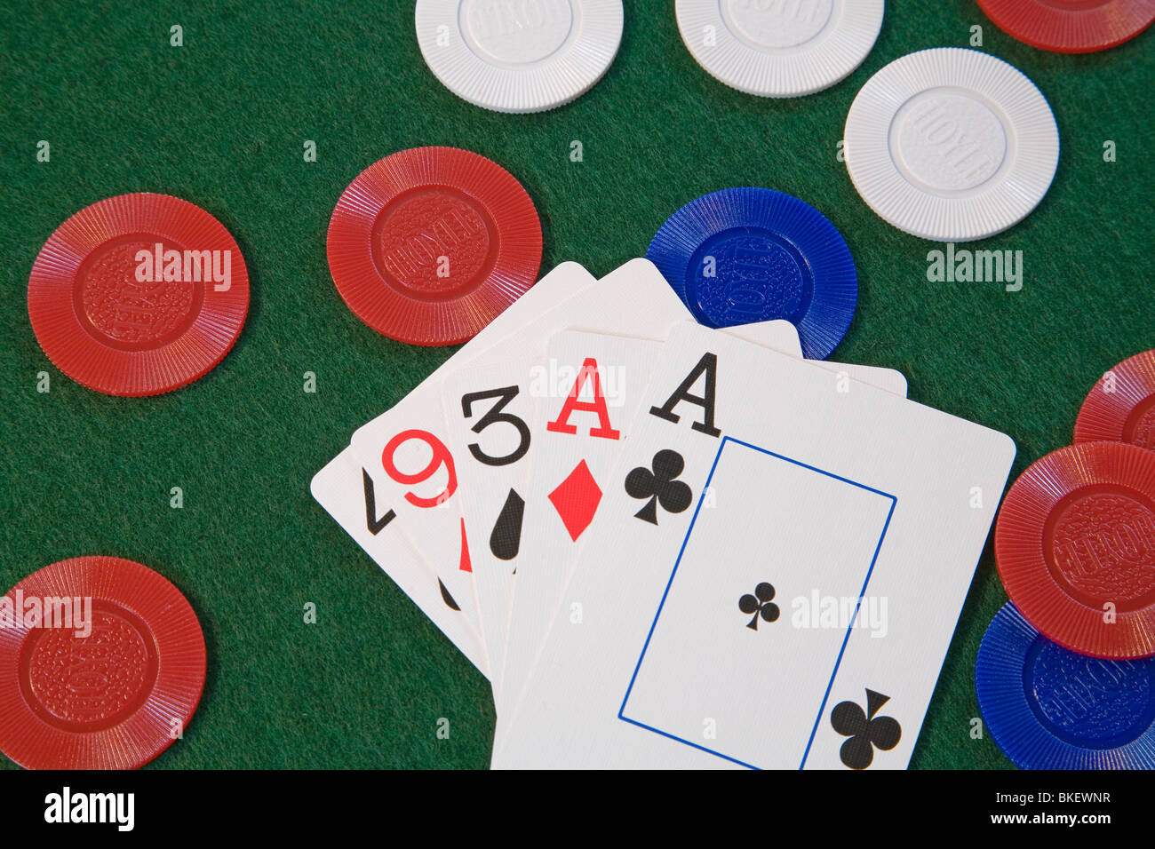 A pair of aces on poker chips, a poker hand in five card draw or stud poker Stock Photo