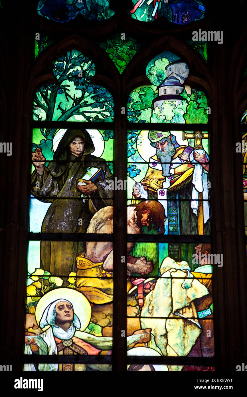 detail of window of Alfons Mucha, Saint Vitus's Cathedral, Prague castle, Prague, Czech Republic Stock Photo