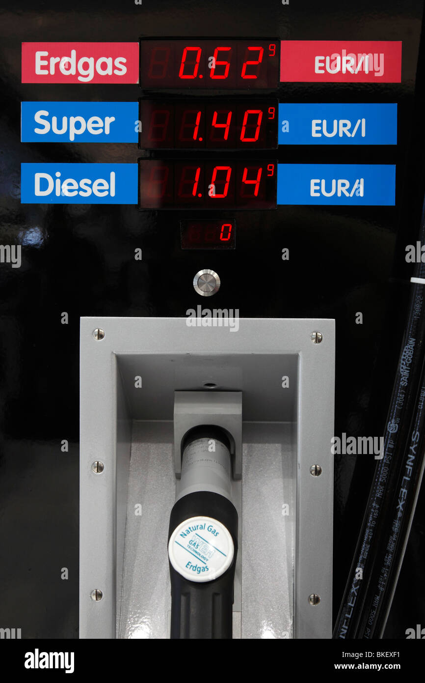 comparison of prices between petrol, diesel and natural gas at Auto Mobil International  - Motor show 2010 in Leipzig, Germany Stock Photo