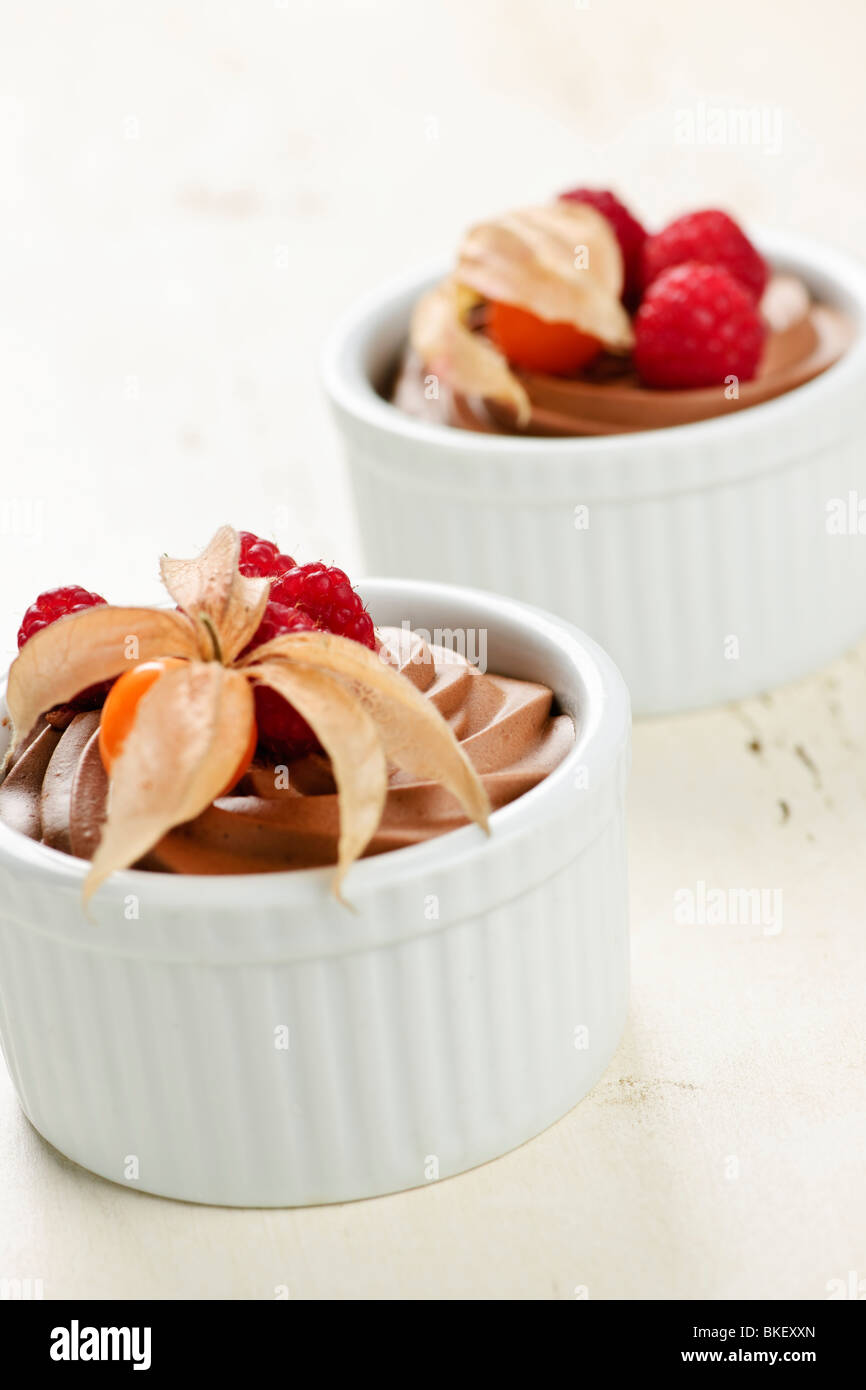 Two servings of chocolate mousse dessert with fruit Stock Photo