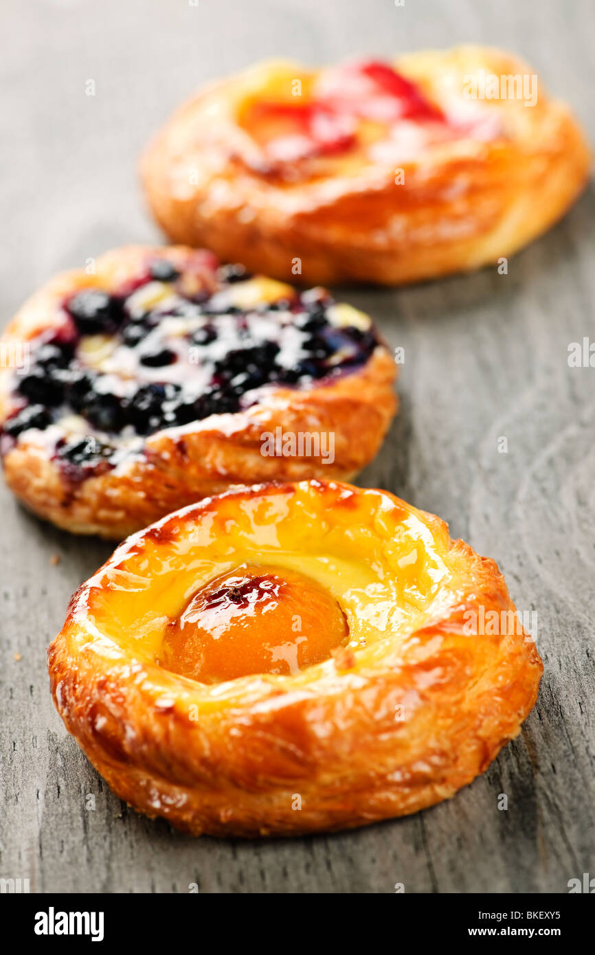 Closeup on three sweet fruit danish desserts Stock Photo