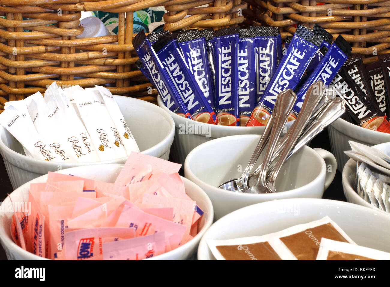 Tea and coffee facilities at the bar. Nescafe sachets, sugar, teaspoons