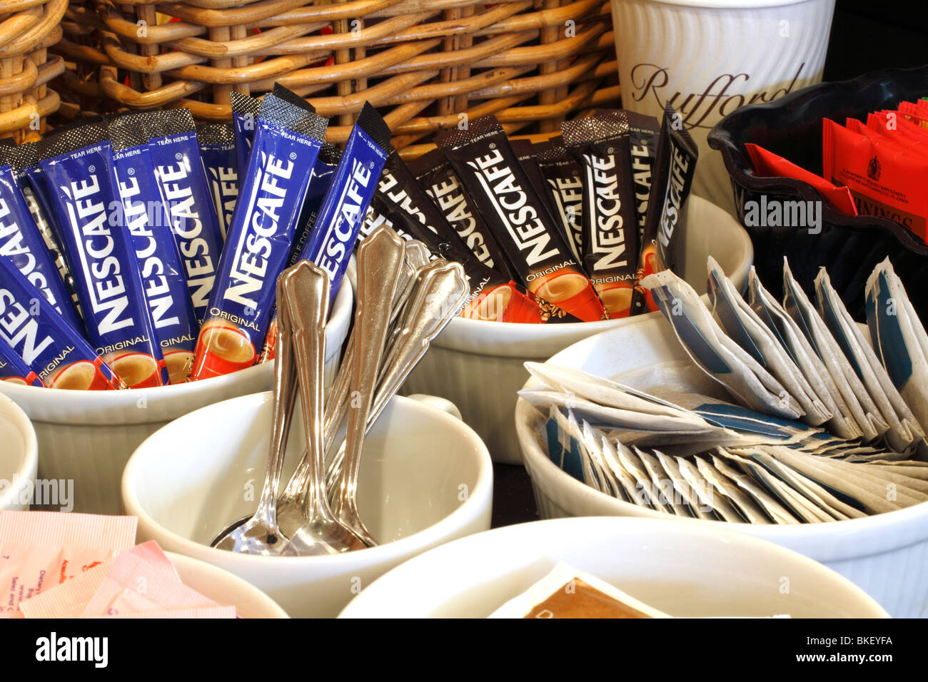 Tea and coffee facilities at the bar. Nescafe sachets, sugar, teaspoons