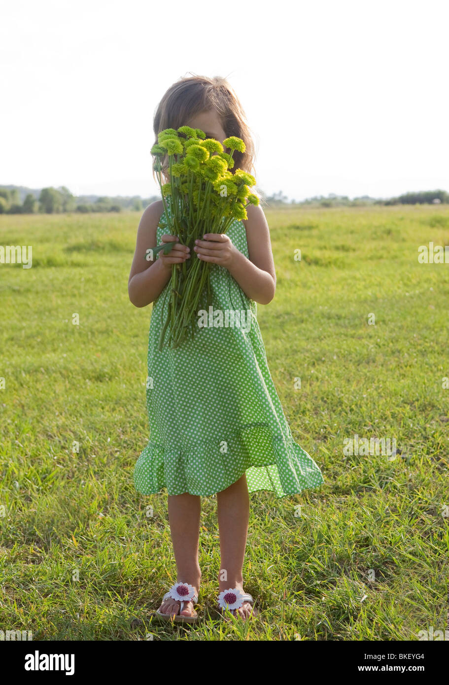 Girl holding bouquet of flowers Stock Photo
