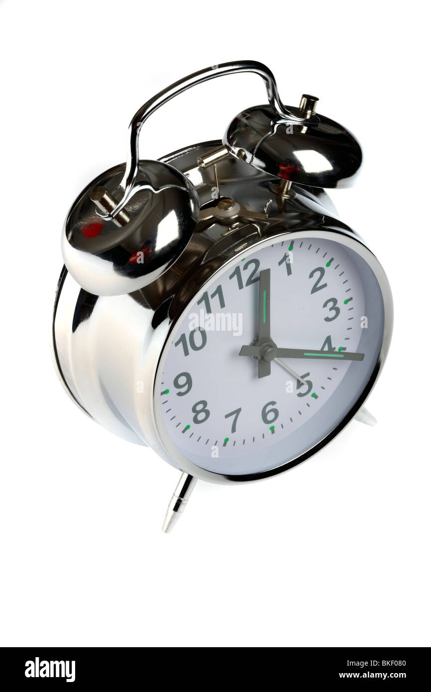 alarm clock consists of metal, mechanical clockwork and bellwork Stock Photo