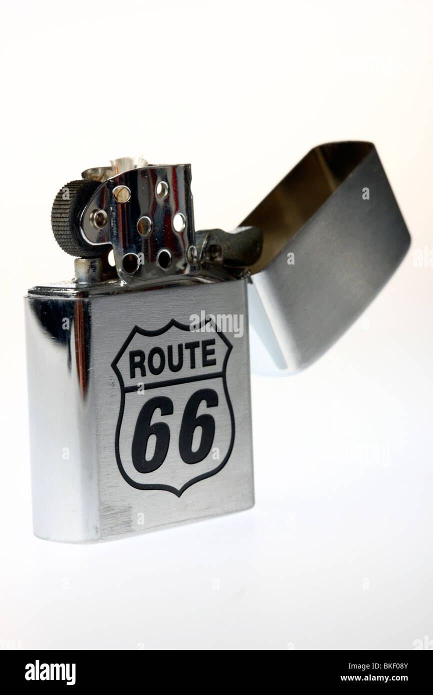 fuel lighter with print, engraving, Route 66, Zippo model Stock Photo
