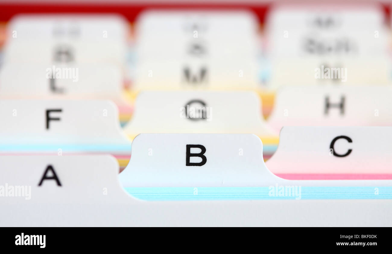 File cards in a box. ABC. in alphabetic order. Stock Photo