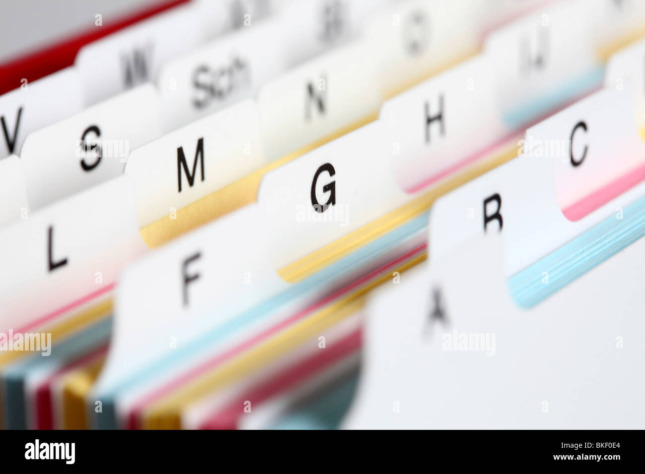 File cards in a box. ABC. in alphabetic order. Stock Photo