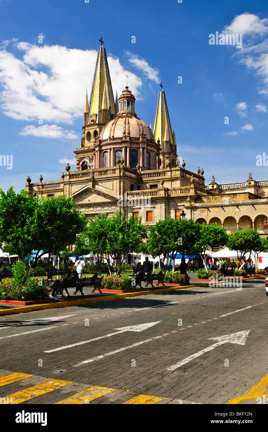View of the Cathedral from Zocalo in historic center in Guadalajara, Jalisco, Mexico Stock Photo